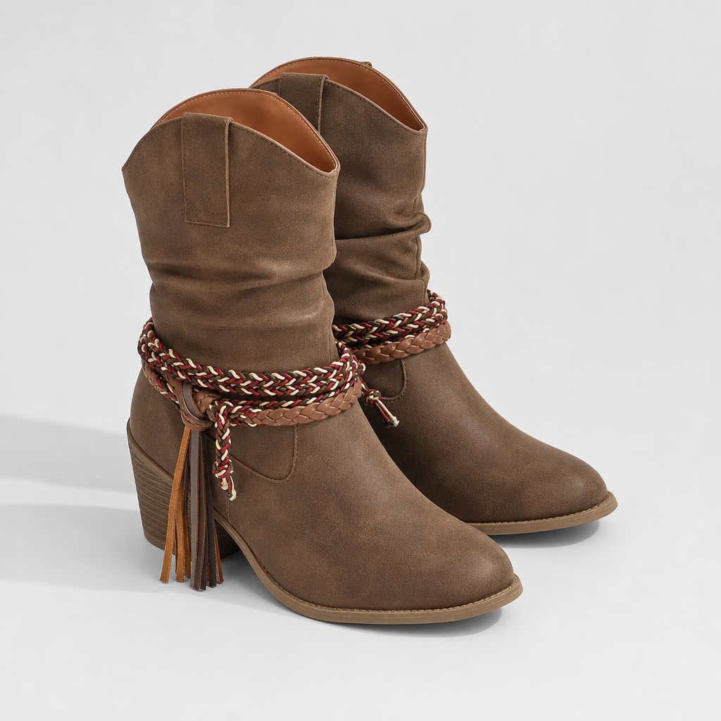 women tan boots heeled fringe